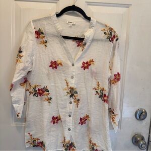 Kindred by Anthropologie Floral Embroidered Button Down Shirt - White and Pink
